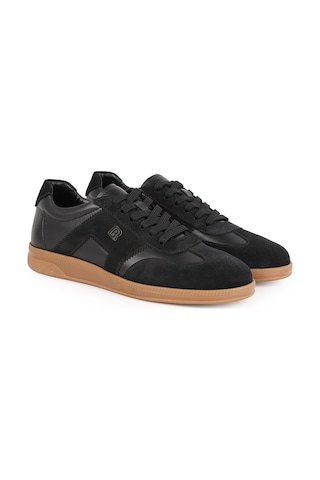 Erkek Sneaker Ayakkabı Hakiki Deri Süet Kombinli Bağcıklı Düz Kauçuk Taban Casual Retro Lbr H1033 Siyah