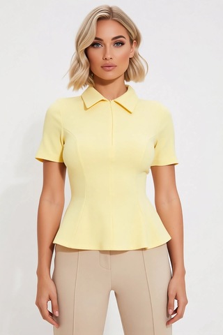 Benerly Kadın Bluz Peplum Polo Yaka Kısa Kol İnterlok Örme Düz Desen Yarı Sarı