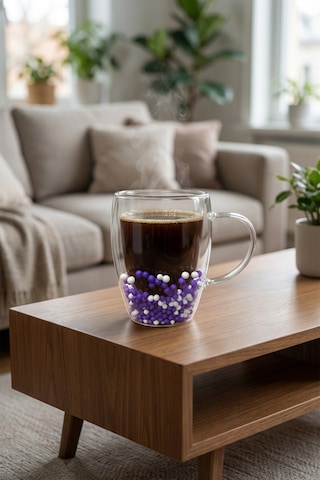 Makri Home Çift Cidarlı Mor Beyaz Cam Kupa 350 Ml Isıya Dayanıklı Çok Renkli