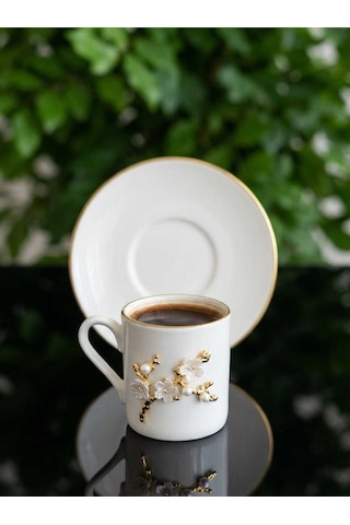 Çnr Home Collection Flora Luxe Serisi Altin Yaldizli Porselen Kahve Fincan & Tabaği - Çiçek Ve Kelebek Detayli 3 Model 12421 Altın