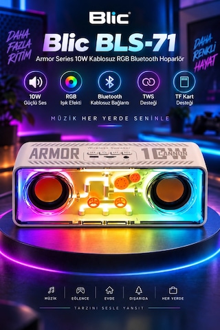 Blic Bls-71 Beyaz Armor Series 10w Kablosuz Rgb Bluetooth Hoparlör Tws Tf Kart Desteği