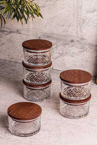 Snippy Milla 6'lı Ahşap Vakumlu Kapaklı Cam Kahvaltılık Ahşap - Şeffaf