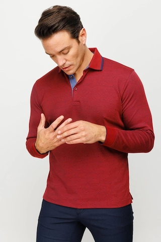 Desen Triko Erkek Polo Yaka Kare Desenli Uzun Kollu Sweatshirt Bordo Bordo