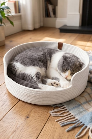 Reyo Pet El Yapımı Kedi Ve Köpek Yatağı, %100 Pamuk İpli Evcil Hayvan Yatağı Beyaz
