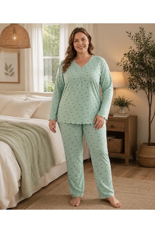 Derya Kadın Büyük Beden Dantel Yaka Bambu Uzun Kol İnce Pijama Takımı 8141y - 1 Adet Yeşil