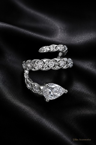 Taşlı Yılan Desenli Kıkırdak Çelik Küpe Earcuff Gümüş