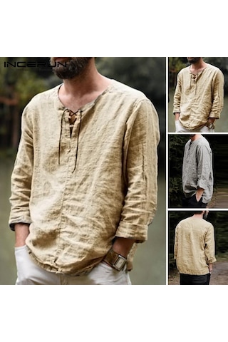 Haki Incerun %100 Pamuk Erkek Uzun Kollu Bağcıklı Gömlek Vintage Düz Renk Rahat Gömlek Üstleri S-xxxxxl Haki