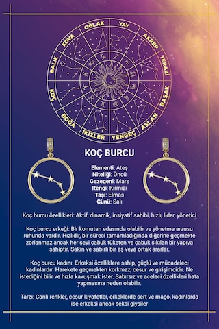 14 Ayar Altın Koç Burcu Kolye Ucu Burç Yıldız Haritası Sarı Altın