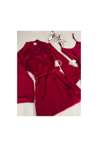 Mh Moony Homewears 2'li Bordo Saten Gecelik Sabahlık Seti Bordo