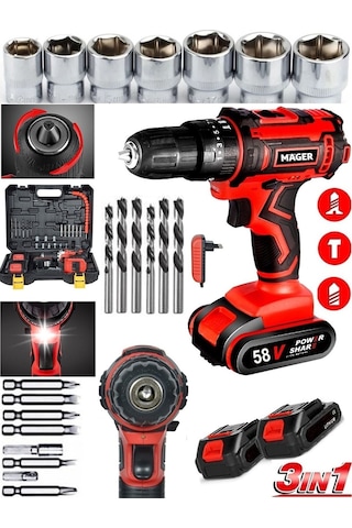 Mager Metal Şanzıman Darbeli 58 Watt 8 Ah Alman Li-ıon Bataryalı Çift Akülü Vidalama Matkap
