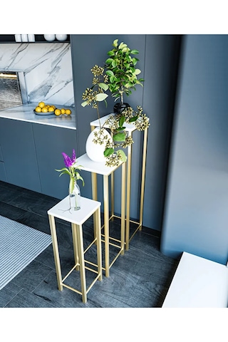 Dekoratif Saksılık 3lü Saksı Standı Gold Ayak Çok Amaçlı Metal Gold Ayaklı Yan Sehpa Saksılık Beyaz
