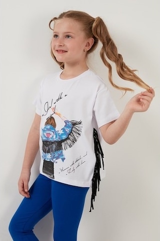 Lela Pamuklu Baskılı Püskül Detaylı Bisiklet Yaka Kız Çocuk T Shirt 6211020 Beyaz