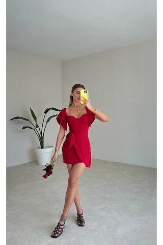 Fashion Cocktail Yaprak Kol Önden Bağlamalı Göğüs Pedli Mini Kokteyl Davet Gece Elbisesi Mercan