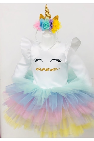 Unicorn Model Beyaz Kız Çocuk Bebek Abiye Elbise Kostüm