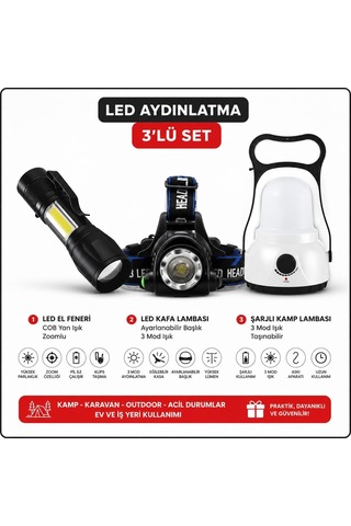 3'lü Şarjlı Led Fener Seti Usb Şarjlı El Feneri Kafa Lambası Kamp Lambası Güçlü Işık Acil Durum Outdoor Diğer