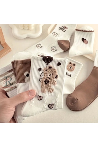 Trampler Kadın 5 Çift Ayı Balon Kalp Desenli Mevsimlik Şık Çorap Kahverengi