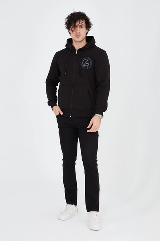 Barlashive Erkek 3 İplik Pamuklu Fermuarlı Kapüşonlu Kanguru Cepli Baskılı Hoodie Hırka Sweatshirt - Siyah Çok Renkli