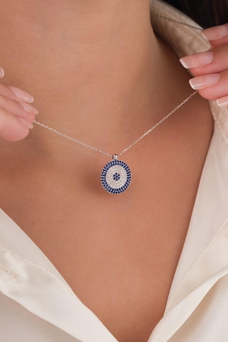15 Mm Gümüş Mavi Lacivert Zirkon Taşlı Göz Nazar Boncuğu Boncuklu Kolye