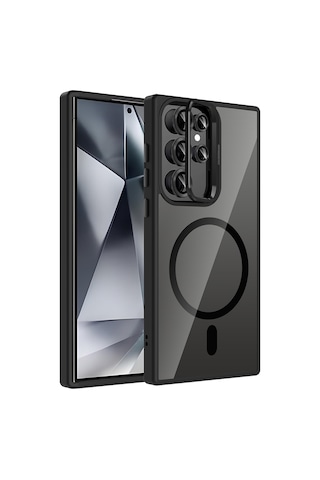 Galaxy Uyumlu S24 Ultra Kılıf Standlı + Kamera Lens Koruma Setli M-safe Şarj Özellikli Mkst Siyah Siyah