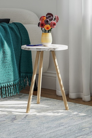 İntergo Yuvarlak Ahşap Ayaklı Tekli Zigon Yan Sehpa Beyaz Mermer