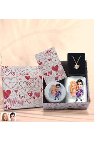 BK Gift Sevgiliye Özel Karikatürlü Kutuda Hediye Seti, Kupa Bardak, Sevgili Hediyesi, İsimli Papatya Kolye, Kokulu Mum,Yıl Dönümü Hediyesi-1