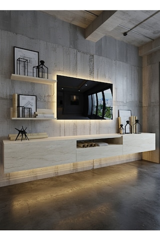 Resital Ledli Duvara Monte Tv Sehpası - Traverten - W6019-8 Traverten