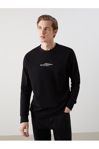 Lcwaıkıkı Classic Siyah Bisiklet Yaka Uzun Kollu Baskılı Erkek Sweatshirt