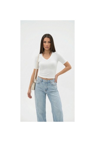 Dıanna Kadın Beyaz V Yaka Basic T-shirt Günlük Esnek Kumaş Kısa Kollu T-shirt