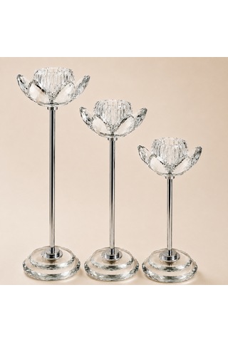 Kristal Lotus Şamdan 3'lü Gümüş Dekoratif Cam Mumluk