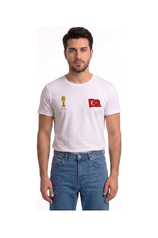 Westicgiyim Milli Maç Dünya Kupası Taraftar Tişörtü Türkiye Bayrak Baskılı Unisex T-shirt Beyaz