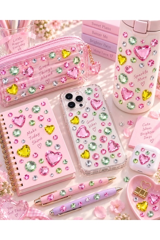 Taş & Kalp Rhinestone Sticker Yapışkanlı Saç, Yüz, Tırnak, Vücut Ve Süs Taşı Çok Renkli