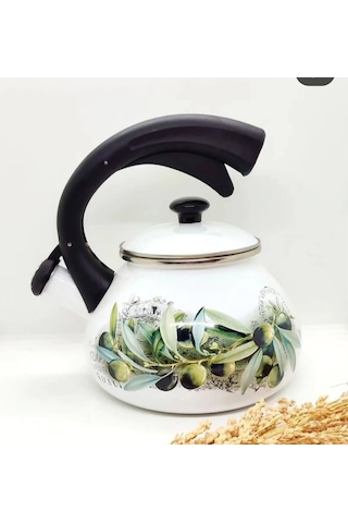 Zeytin Dekor Vintage Emaye Düdüklü Kettle Demlik 2,4 Litre Yeşil