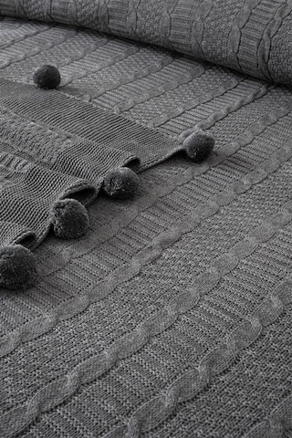 Çift Kişilik Ponponlu Triko Örme Battaniye Koyu Gri