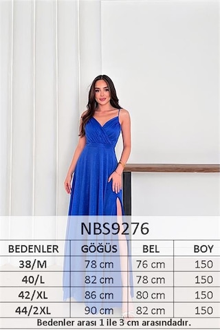 Neşeli Butik Kadın Ayarlanabilir Askılı Yırtmaçlı Tül Abiye Elbise Rys9276 Mavi