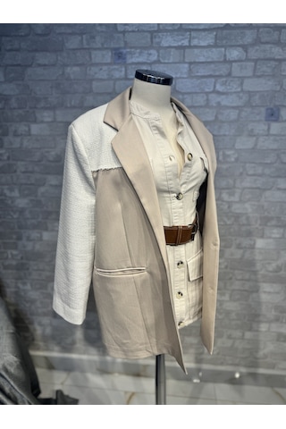 Kadın Krem Keten Tüvit Mix Blazer Ceket Krem
