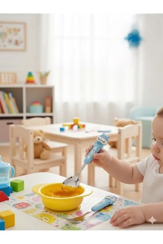 Ultra Lüks Paslanmaz Çoçuk Mama Kaşık Ve Çatal Seti Mavi