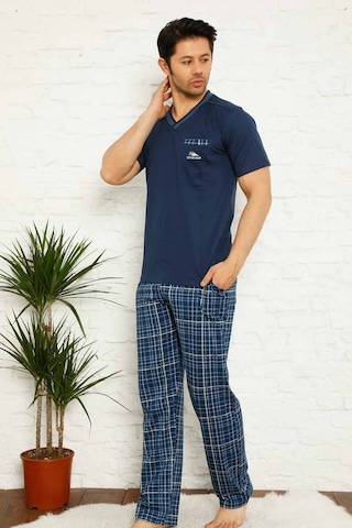 Farya Home Dreamy Ekoseli Kısa Kollu V Yaka Cepli Erkek Pijama Takımı İndıgo İndigo
