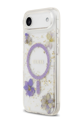 Apple Uyumlu iPhone 17 Air Kılıf Guess Lisanslı M-safe Şarj Özellikli Transparan Resin Flowers Kapak Mor Mor