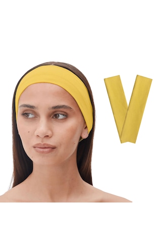 2li Kadın Saç Bandı Bandana Pamuk Likra Spor Headband Koyu Sarı