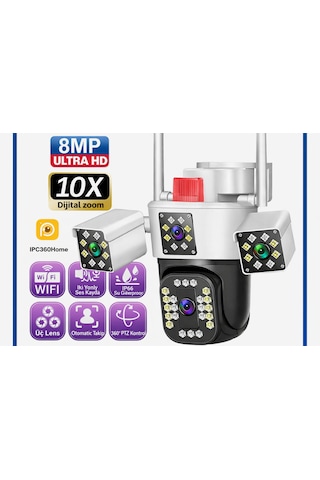 8mp 3 Kameralı Wifi Güvenlik Kamerası Sirenli Otomatik Takip, 360 Kontrol