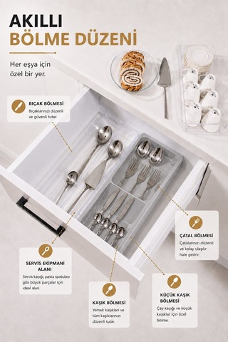Çekmece İçi Kaşıklık Organizer Bölmeli Mutfak Düzenleyici Gri S-11030 Beyaz