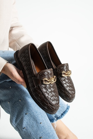 Lebibe Shoes Maby Kadın Acı Kahve Örgü Dokulu Zincir Detaylı Loafer Düz Ayakkabı Babet Acı Kahverengi