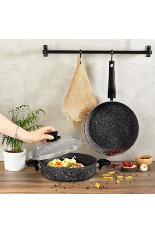 Flare 3 Parça Granit Ezme Tencere & Tava Seti - Siyah