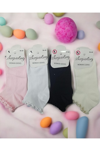 Shopiolog Sevimli Marul Desenli Bilek Çorabı 4'lü Paket Beyaz - Ekru - Siyah - Pembe Çok Renkli