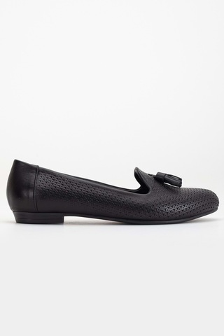 Analin Shoes Kadın Hakiki Deri Baskılı Püsküllü Babet Siyah