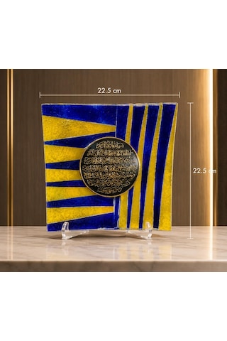 El Yapımı Cam Tabak Ayetel Kürsi Dekoru Füzyon Cam Masa Ofis Süsü Sarı Lacivert 22.5x22.5 Cm