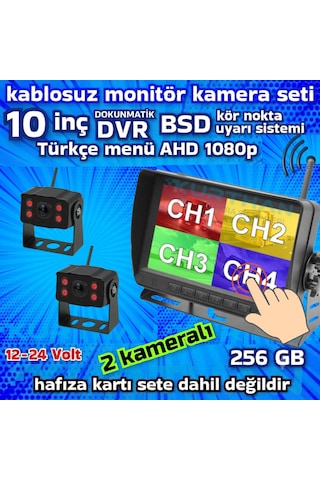 10 İnç Dokunmatik Dvr 2 Adet Kablosuz Kamera Ahd 1080p Monitör Bsd Kör Nokta Sistemli 12 24 V