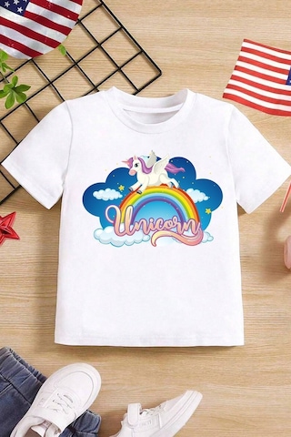 Uyguntarz Çocuk Unicorn Baskılı Pamuklu Tshirt Beyaz