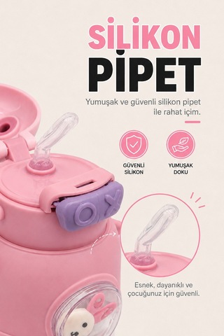 Patibon Astronot Figürlü Pipetli Çocuk Su Matarası / Matara Omuz Askılı - Sticker Hediyeli - Pembe Diğer