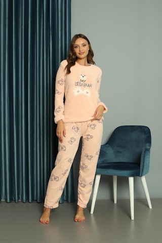 Yeni Sezon Sonbahar/kış Kadın Welsoft Polar Yuvarlak Yaka Ayıcık Desenli Kalın Pijama Takımı 30003-somon Somon